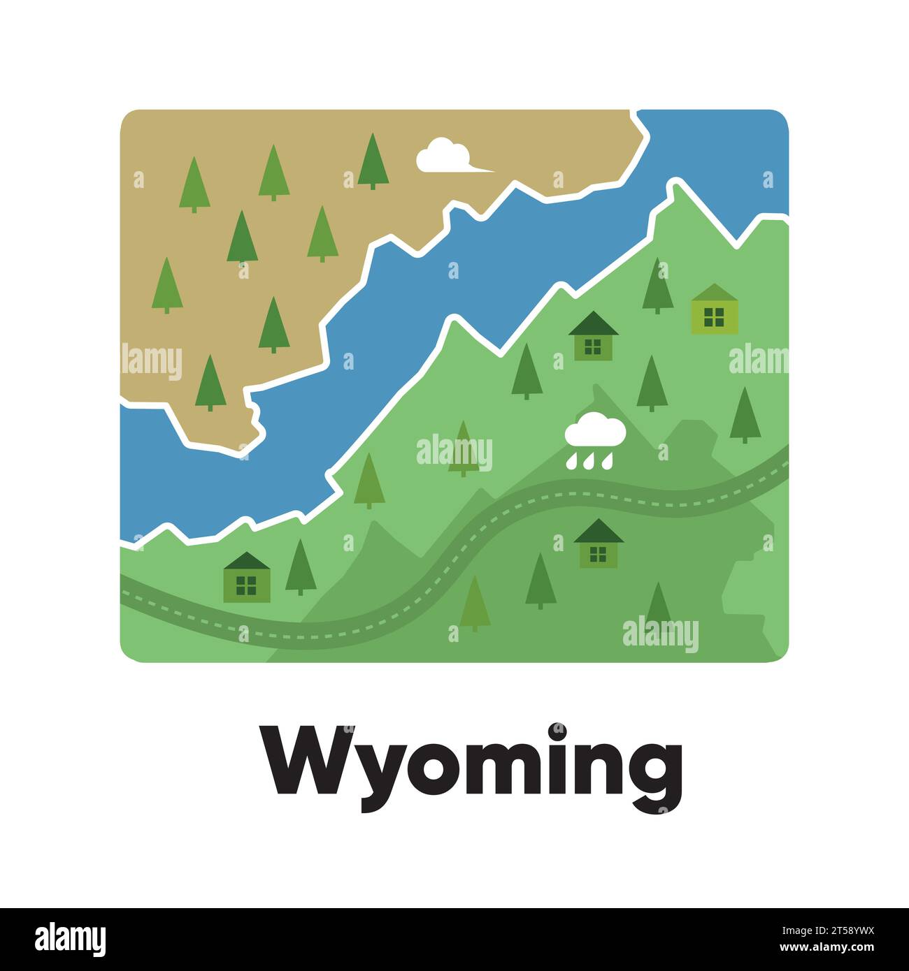 Wyoming map shape of states cartoon style with forest tree and river 