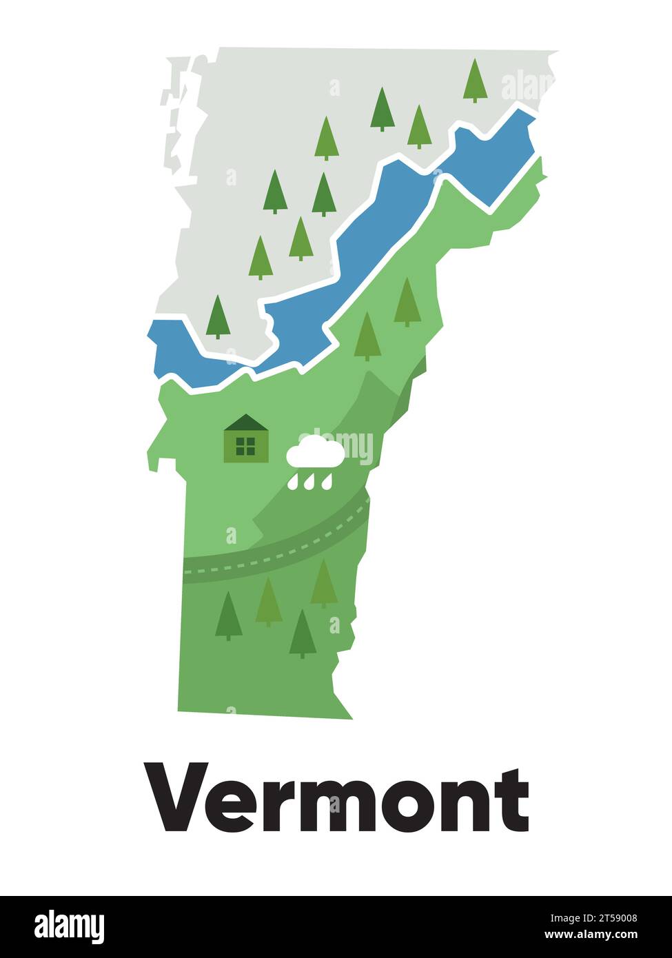 Vermont map shape of states cartoon style with forest tree and river landscape graphic illustration Stock Vector