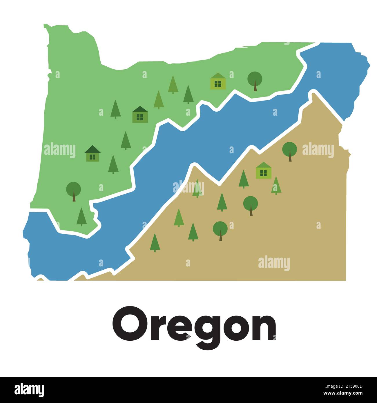 Oregon map shape United states America green forest hand drawn cartoon style with trees travel terrain Stock Vector