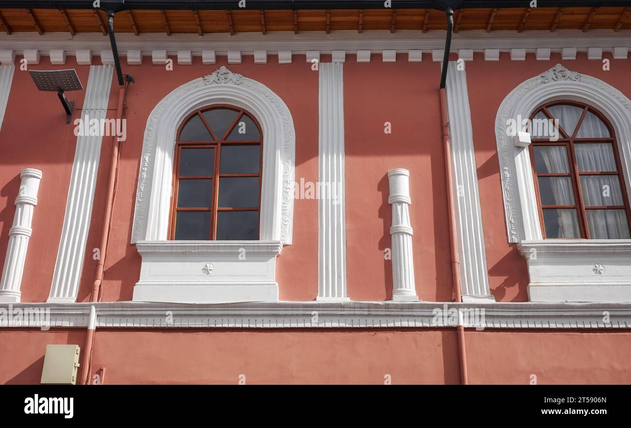 Street view of the facade of an old colonial building, Quito, Ecuador. Stock Photo