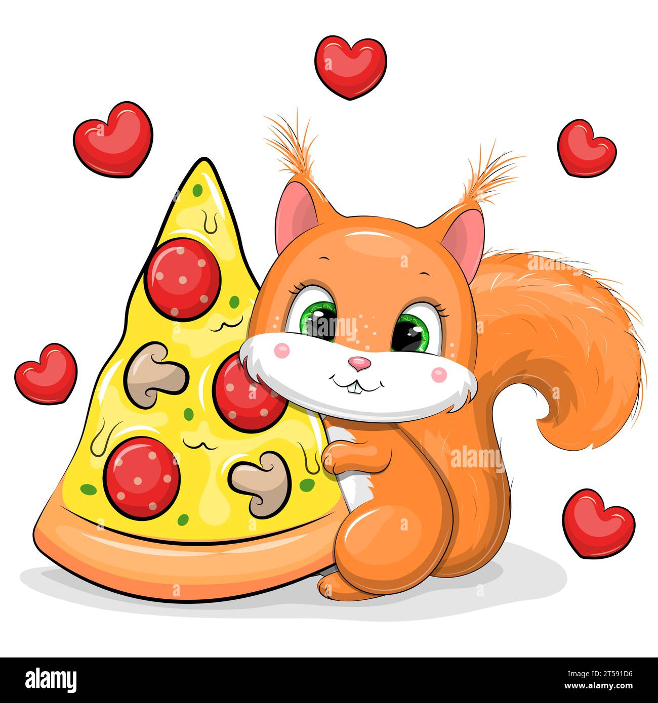 Cute cartoon squirrel with a big piece of pizza. Vector illustration of