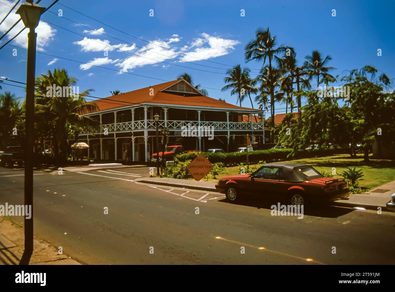 Lahaina, Maui, Hawaii, June 2, 1989 - Old Slide of The Pioneer Inn, With It's Red Roof in Lahaina Harbor, on a Beautiful Sunny Summer Day Stock Photo