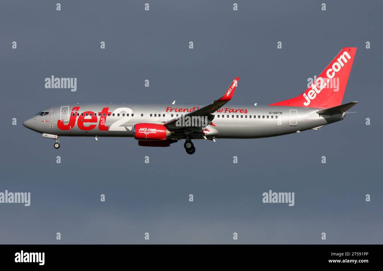 A Boeing 737800 of Jet2 approaching London Gatwick Airport Stock Photo
