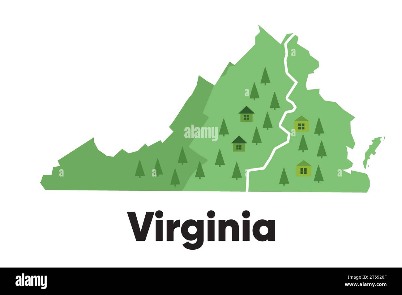 Virginia map shape of states cartoon style with forest tree and river landscape graphic illustration Stock Vector