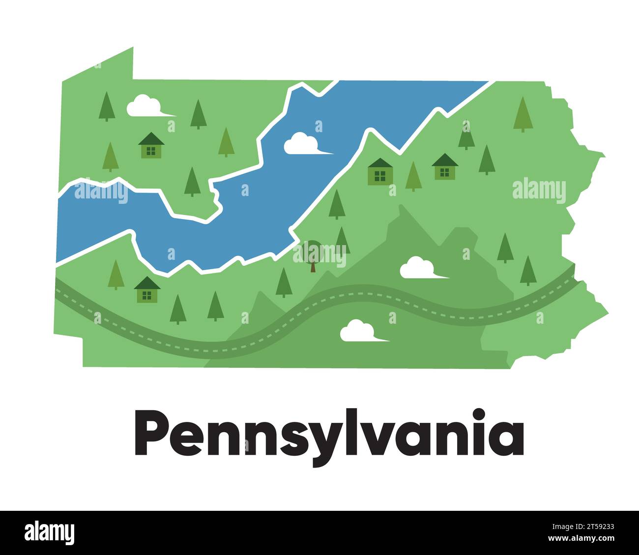Pennsylvania map shape United states - Pennsylvania Map Shape United States America Green Forest Hand Drawn Cartoon Style With Trees Travel Terrain 2T59233 