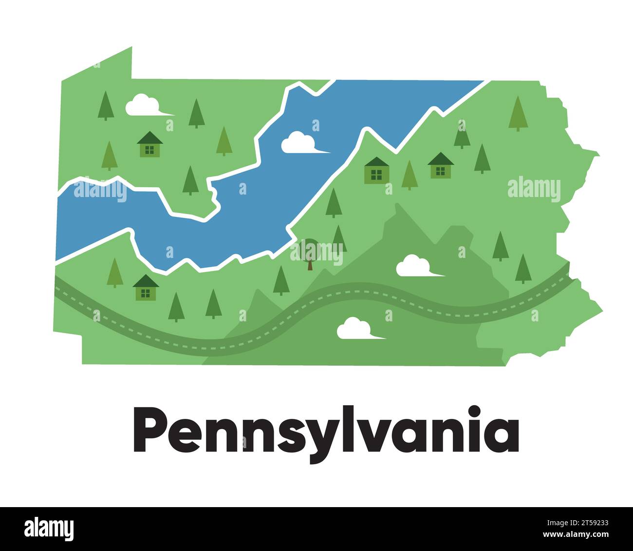 Pennsylvania map shape United states America green forest hand drawn cartoon style with trees travel terrain Stock Vector