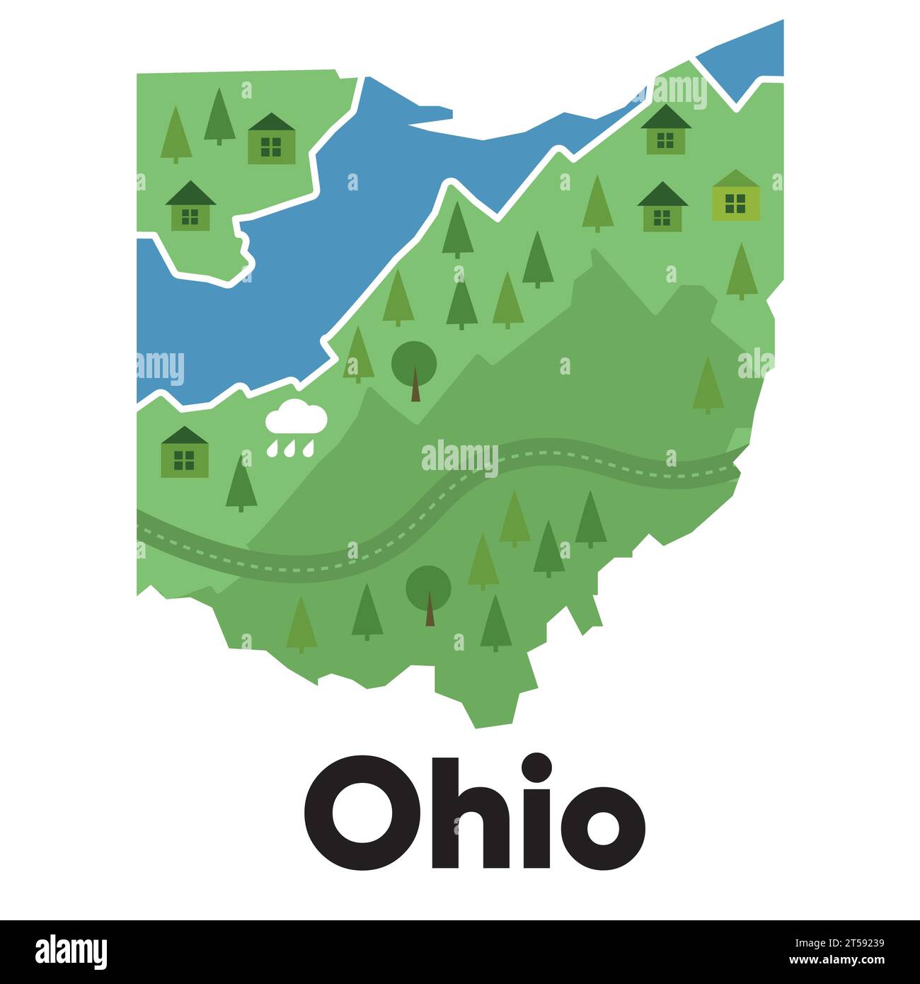 Ohio map shape United states America green forest hand drawn cartoon style with trees travel terrain Stock Vector