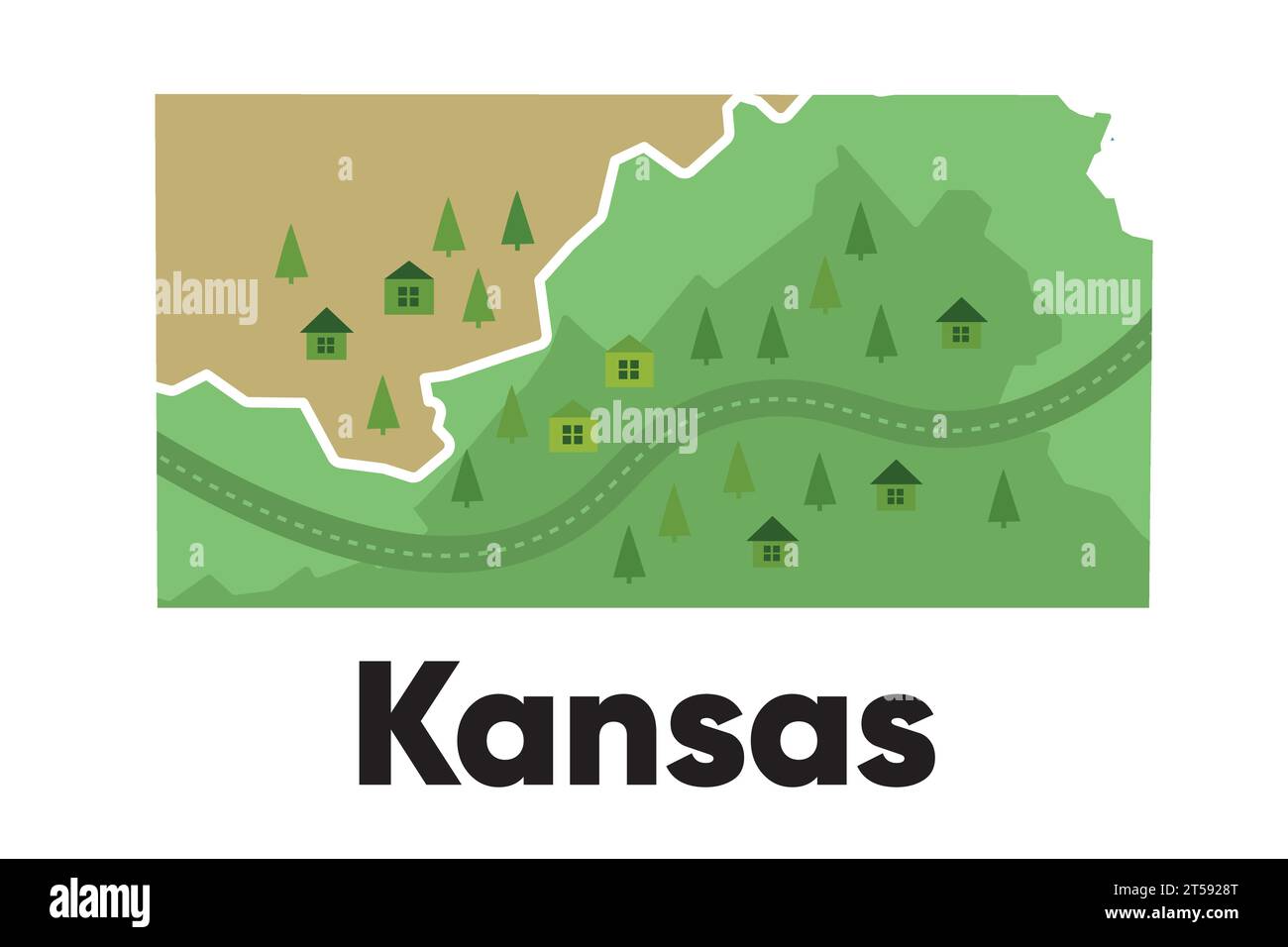 Kansas map shape United states - Kansas Map Shape United States America Green Forest Hand Drawn Cartoon Style With Trees Travel Terrain 2T5928T 