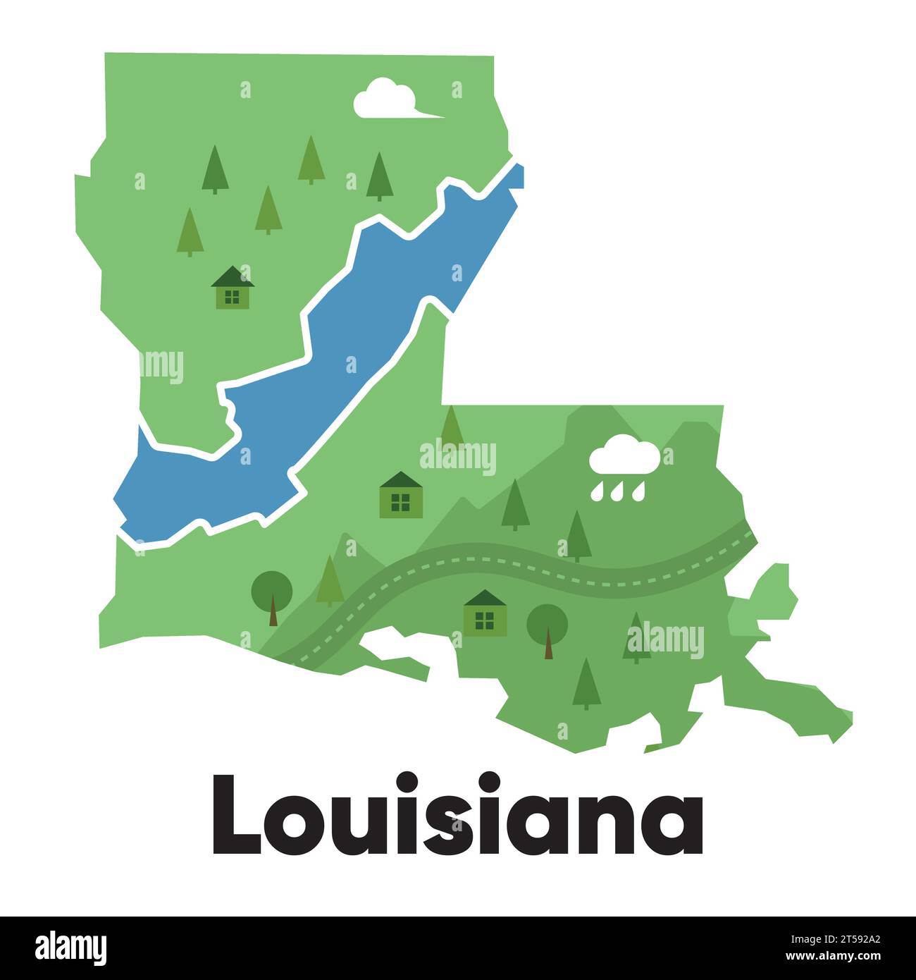 Louisiana map shape United states America green forest hand drawn cartoon style with trees travel terrain Stock Vector