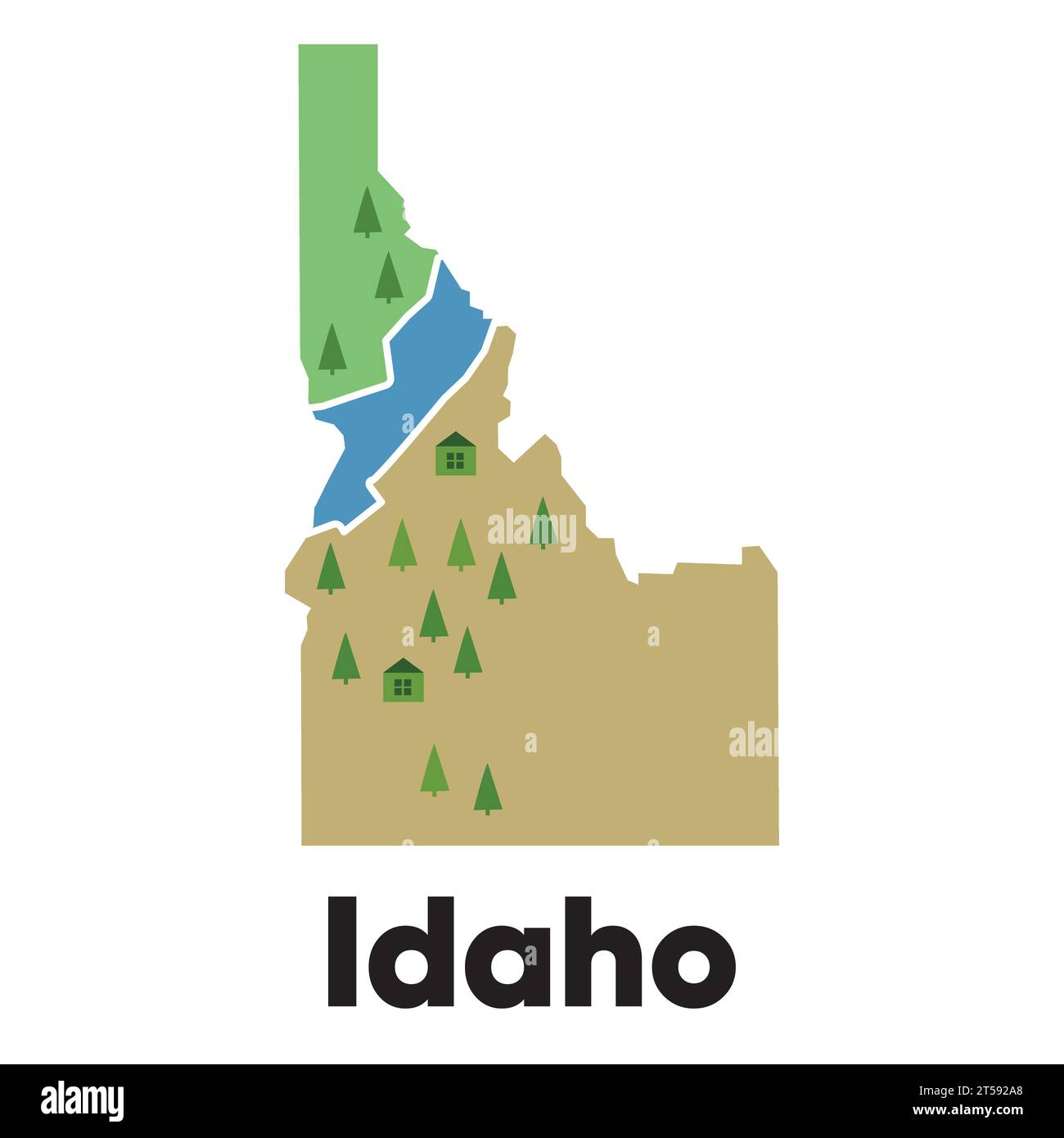 Idaho map shape United states America green forest hand drawn cartoon style with trees travel terrain Stock Vector