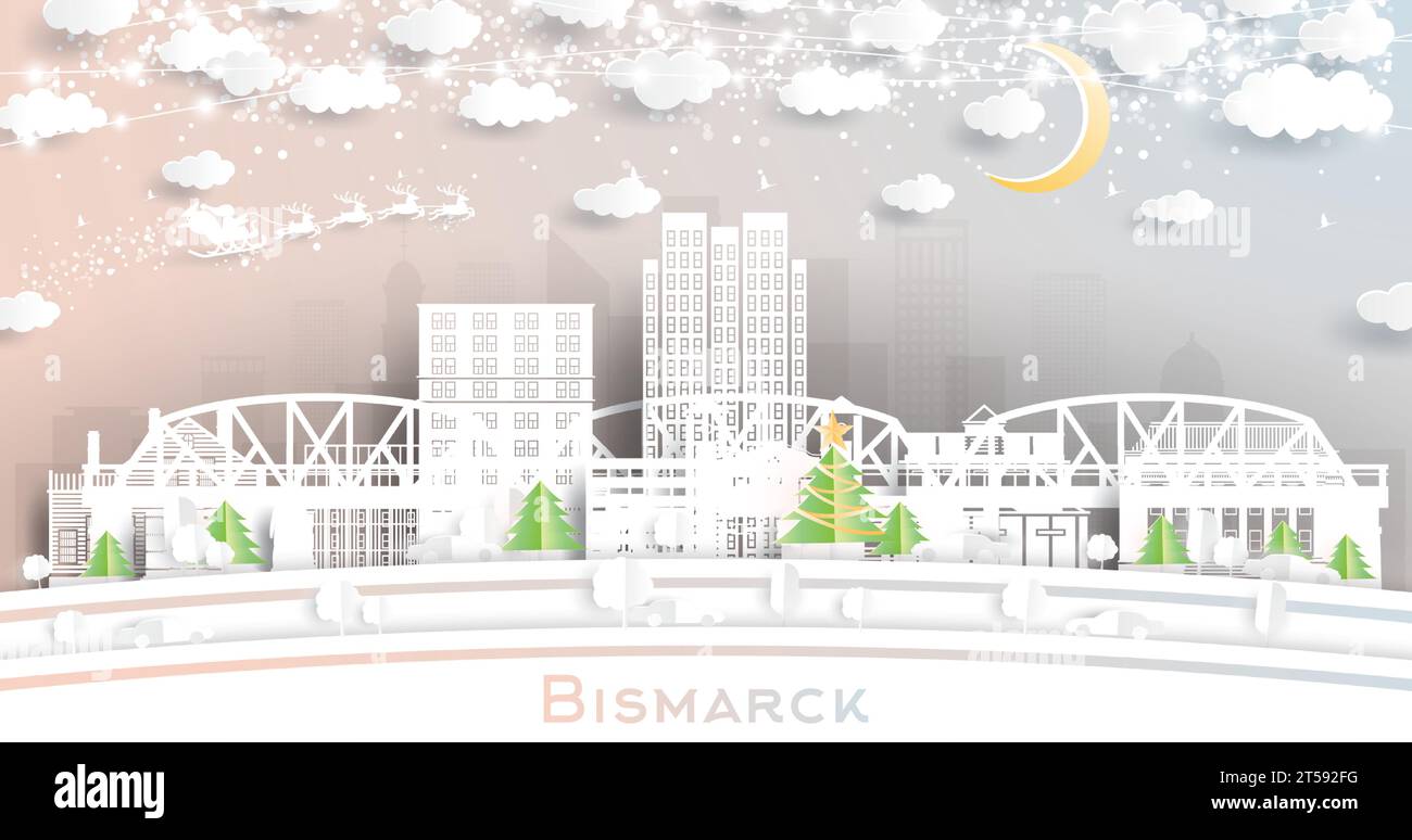 Bismarck North Dakota USA. Winter City Skyline in Paper Cut Style with Snowflakes, Moon and Neon Garland. Christmas, New Year Concept. Stock Vector
