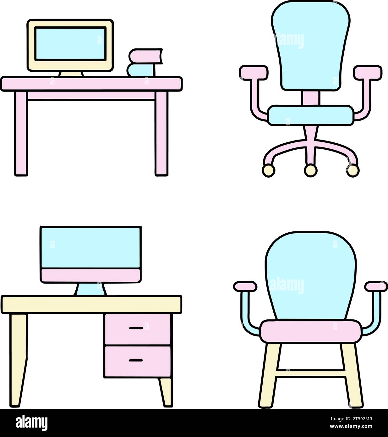 graphic illustrated Icon set desk with computer chair cute doll furniture vector Stock Vector