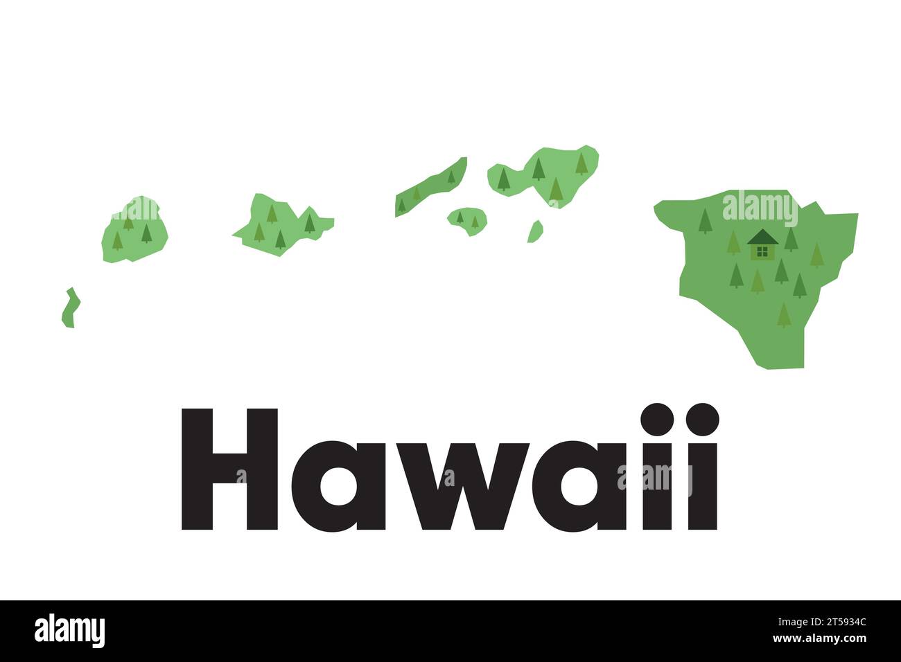 Hawaii map shape United states - Hawaii Map Shape United States America Green Forest Hand Drawn Cartoon Style With Trees Travel Terrain 2T5934C 