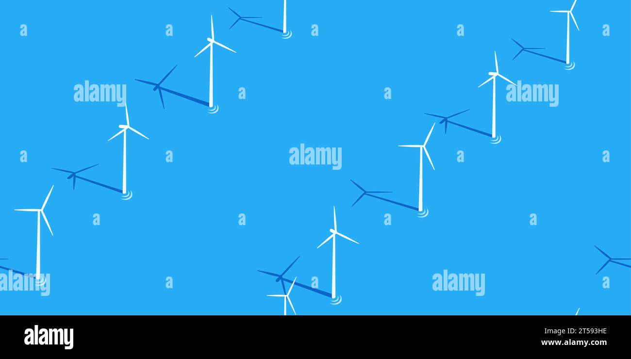 Simple Seamless Flat Abstract Ocean With Wind Turbines Vector Illustration Background Stock Vector