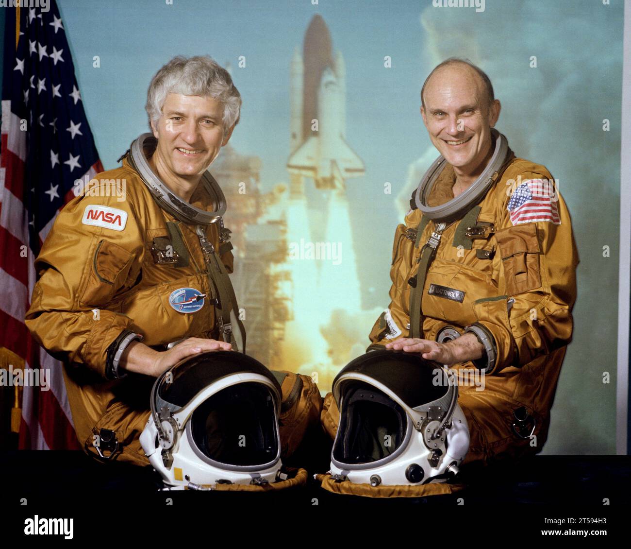 Usa. 3rd Nov, 2023. Apollo astronaut Thomas Kenneth Mattingly II, known for helping the crew of Apollo 13 safely return to Earth after an explosion doomed their lunar mission, has died at the age of 8. FILE PHOTO SHOT ON: May 11, 1982 shows two astronauts will man the space shuttle Columbia for NASA's fourth and final (STS-4) orbital flight test. Thomas K. (Ken) Mattingly II, right, is crew commander. Henry W. Hartsfield Jr., is pilot. Ken Mattingly. (Credit Image: © NASA/ZUMA Press Wire) EDITORIAL USAGE ONLY! Not for Commercial USAGE! Stock Photo