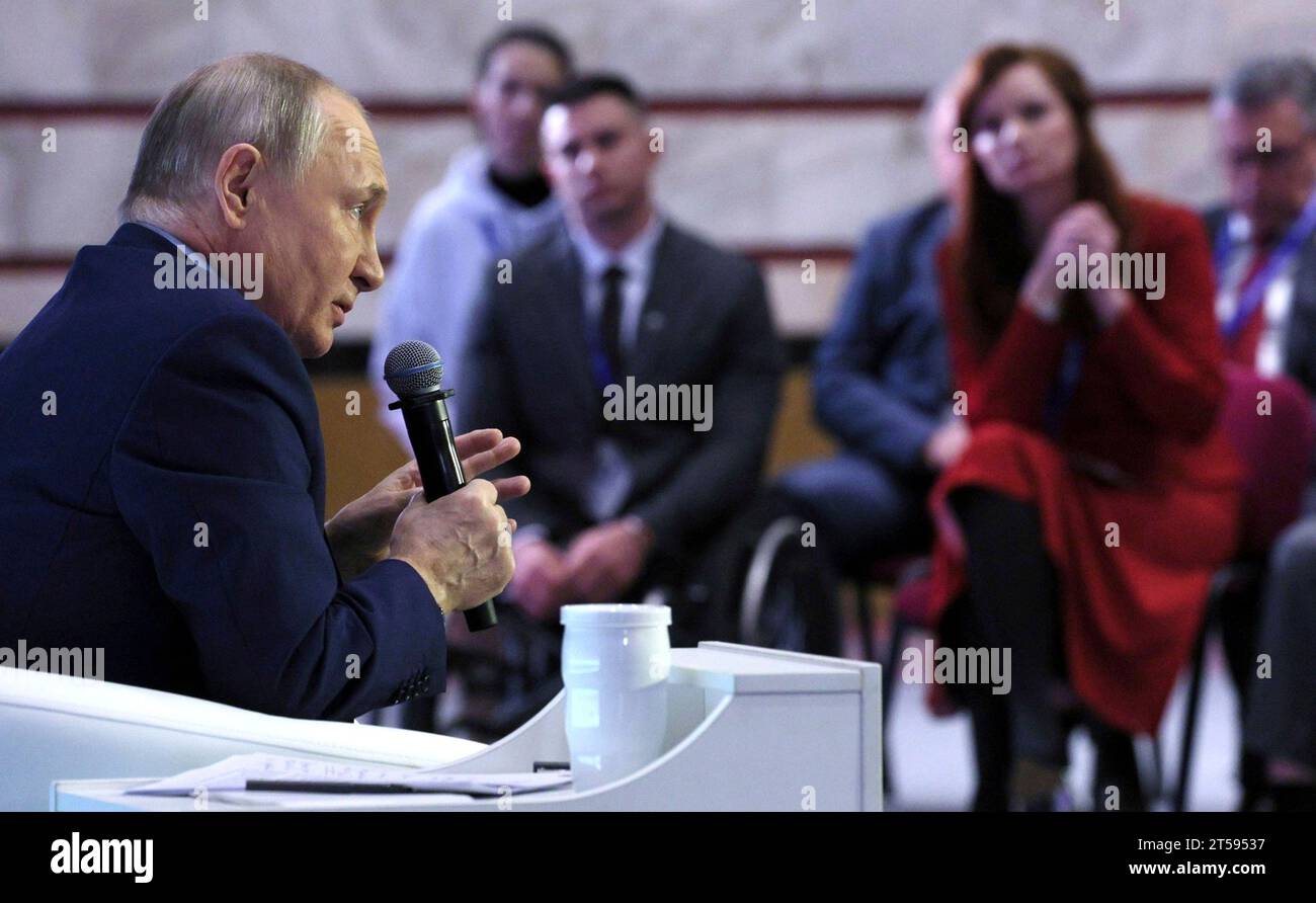 Moscow, Russia. 03rd Nov, 2023. Russian President Vladimir Putin, left, answers questions from members of the eighth Civic Chamber of the Russian Federation and heads of regional civic chambers at the Victory Museum, November 3, 2023 in Moscow, Russia. Credit: Gavriil Grigorov/Kremlin Pool/Alamy Live News Stock Photo