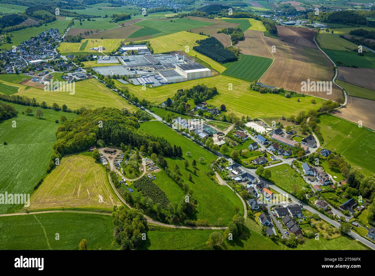 Aerial view, Tillmann paper and corrugated cardboard factory, timber yard in Seidfeld, Stockum, Sundern, Sauerland, North Rhine-Westphalia, Germany, D Stock Photo