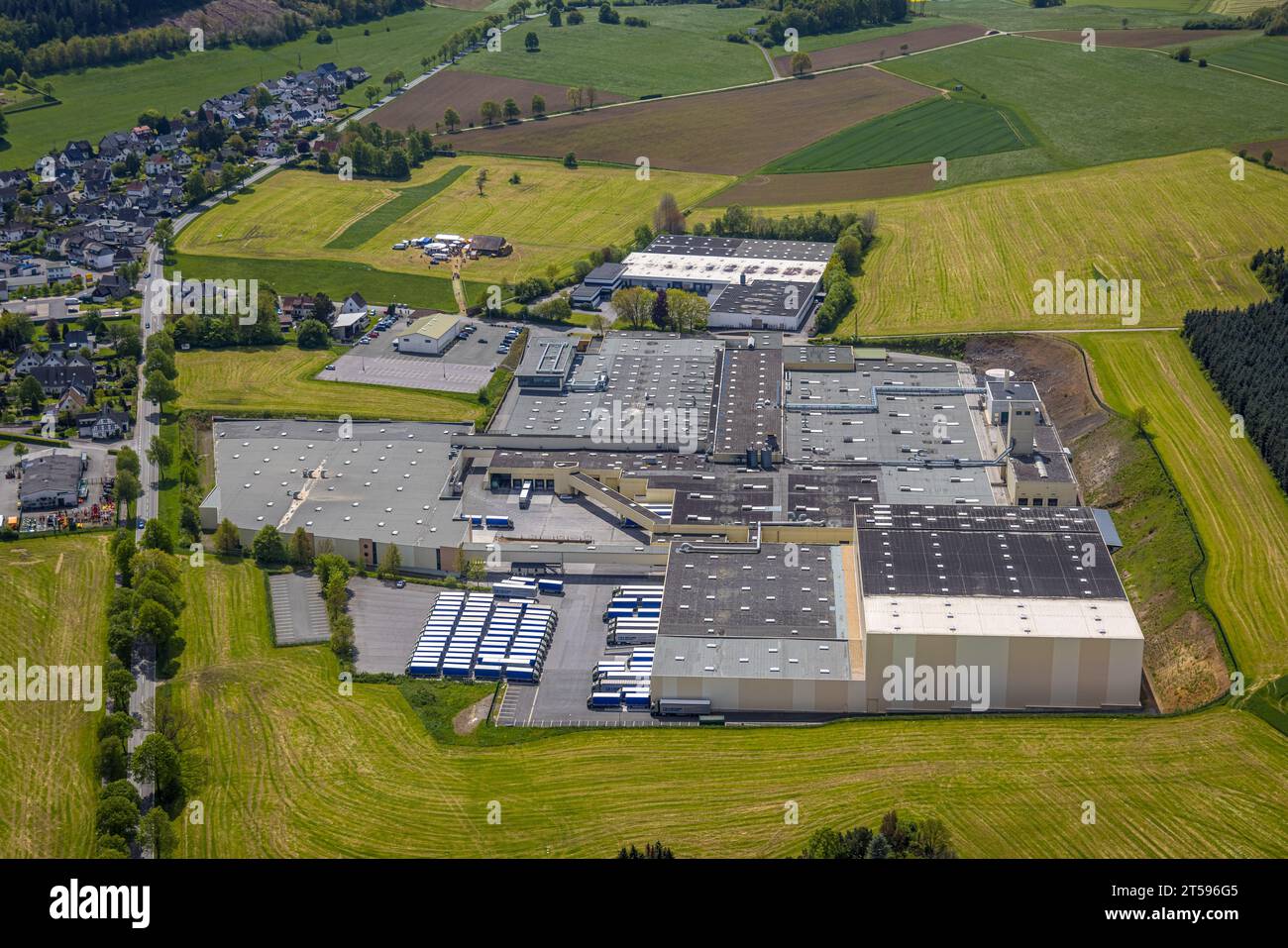Aerial view, Tillmann Papier- und Wellpappenfabrik, Stockum, Sundern, Sauerland, North Rhine-Westphalia, Germany, DE, Europe, Commercial enterprises, Stock Photo