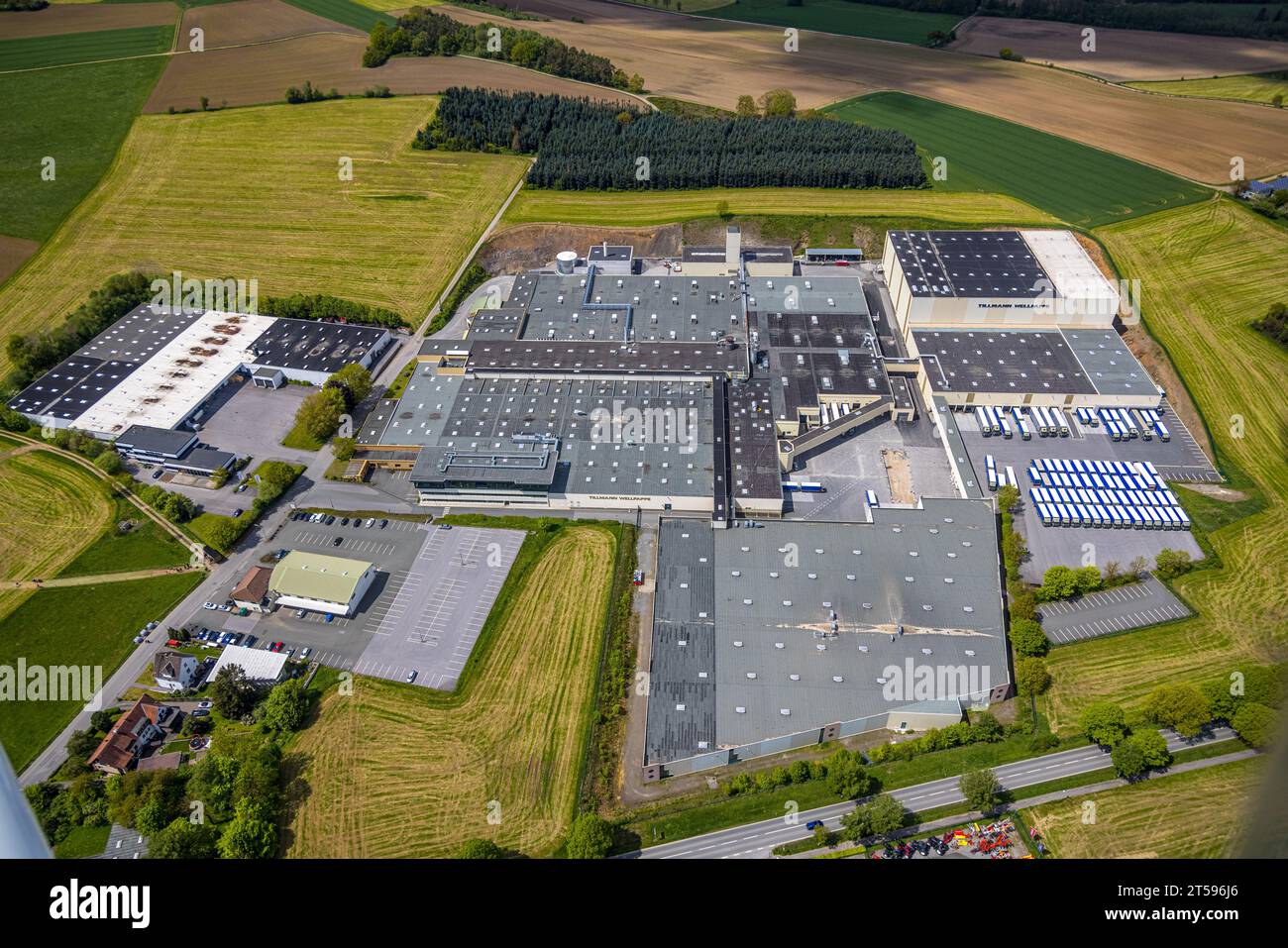 Aerial view, Tillmann Papier- und Wellpappenfabrik, Stockum, Sundern, Sauerland, North Rhine-Westphalia, Germany, DE, Europe, Commercial enterprises, Stock Photo