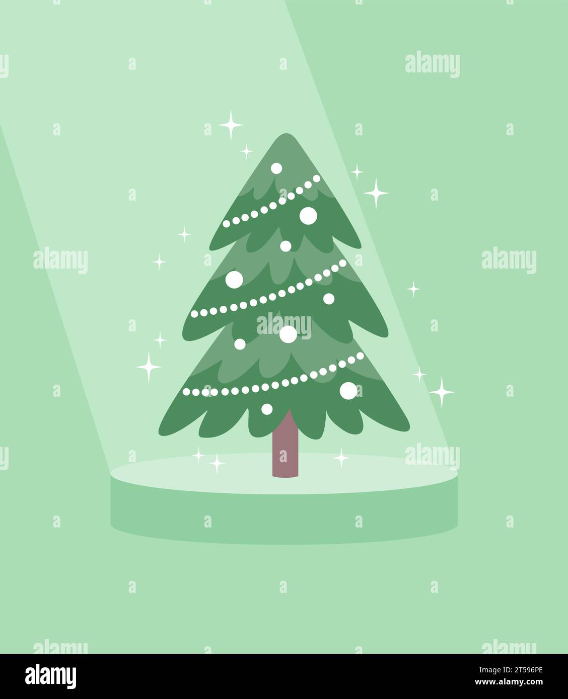 Christmas tree with garland and decorations on a pedestal under a spotlight on a green