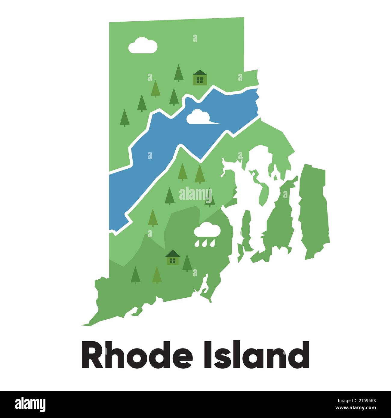 Rhode Island map shape United states America green forest hand drawn cartoon style with trees travel terrain Stock Vector