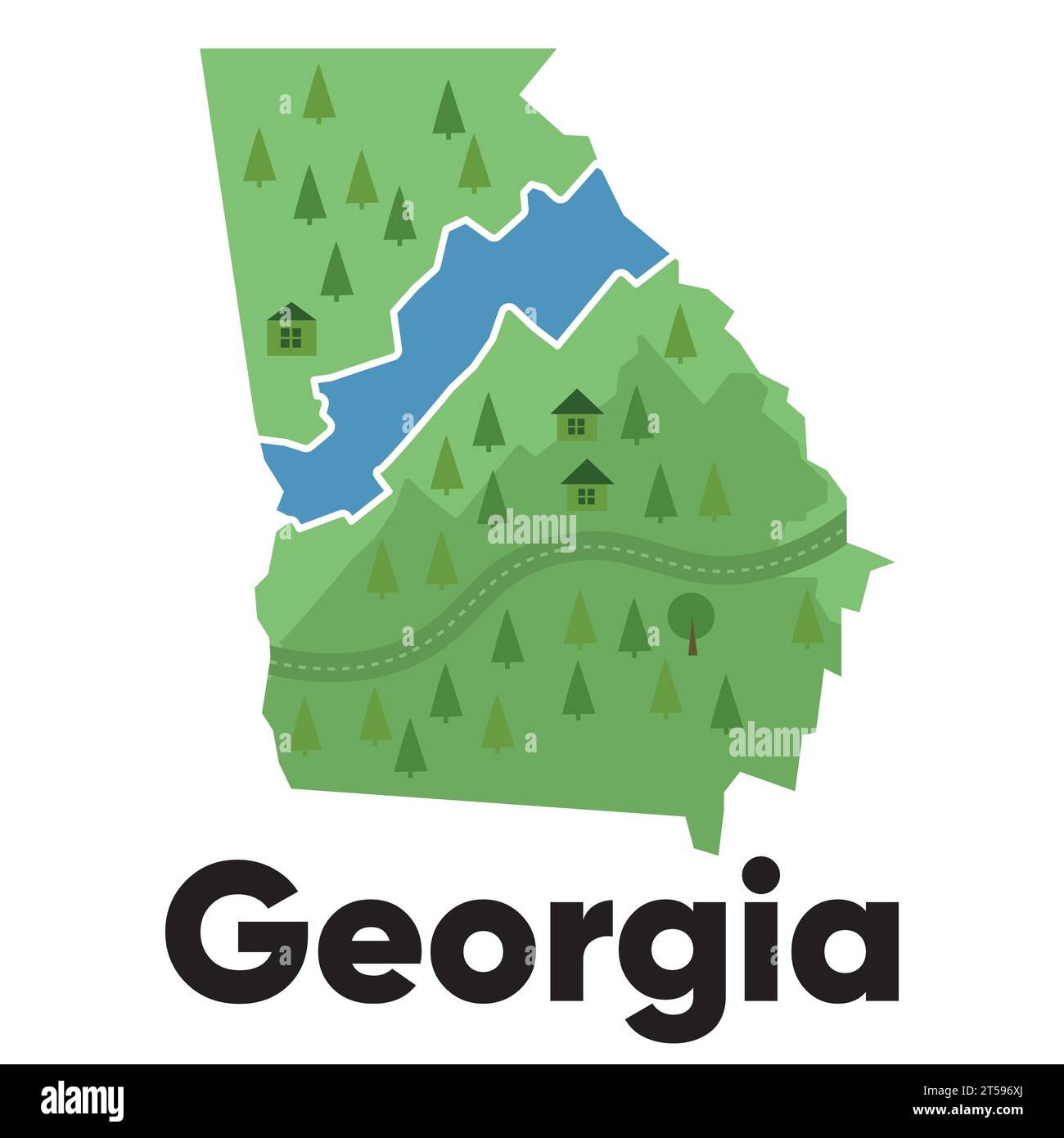 Georgia Map Shape United States America Green Forest Hand Drawn Cartoon Style With Trees Travel 0425