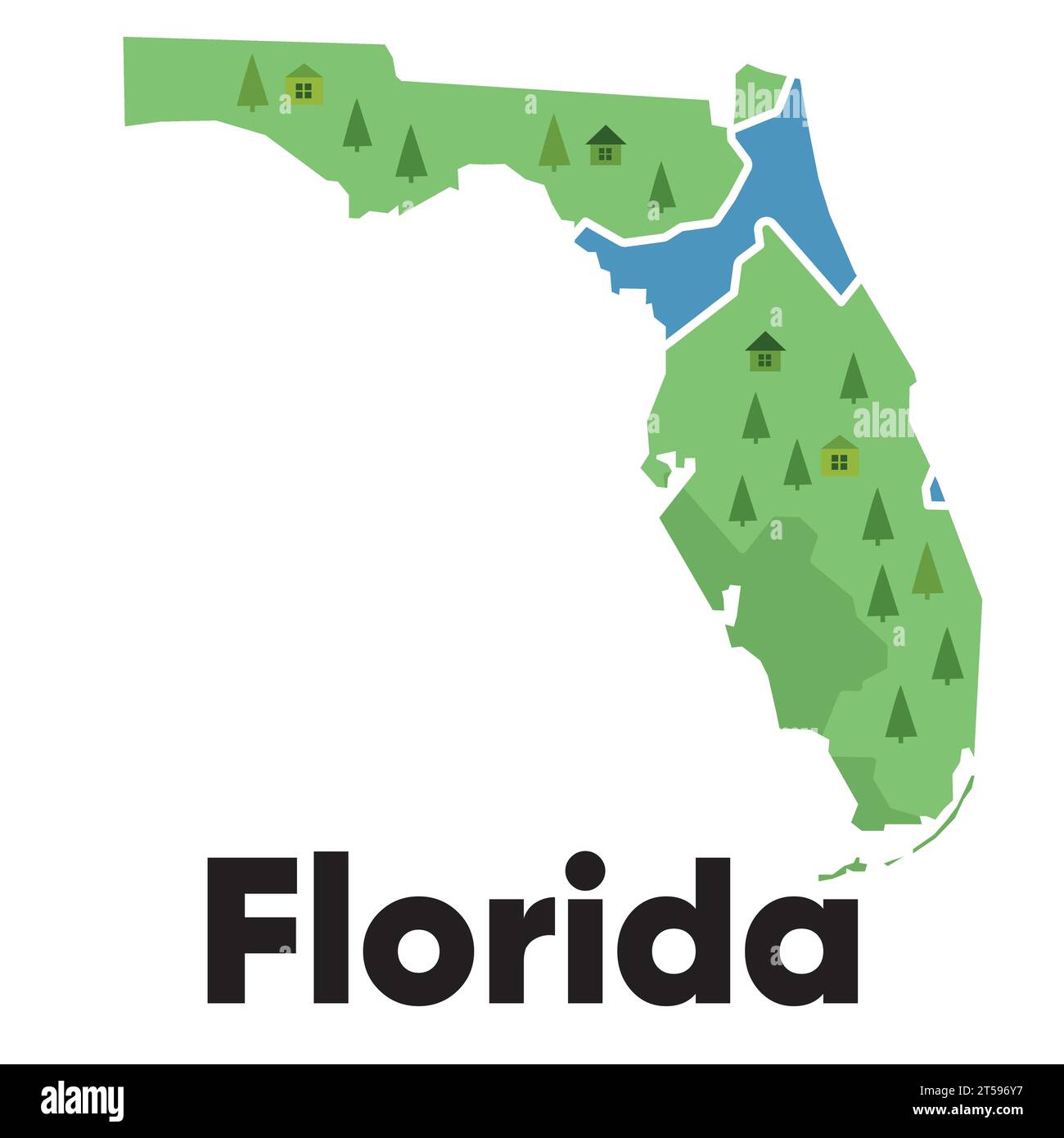 Florida map shape United states America green forest hand drawn cartoon style with trees travel terrain Stock Vector