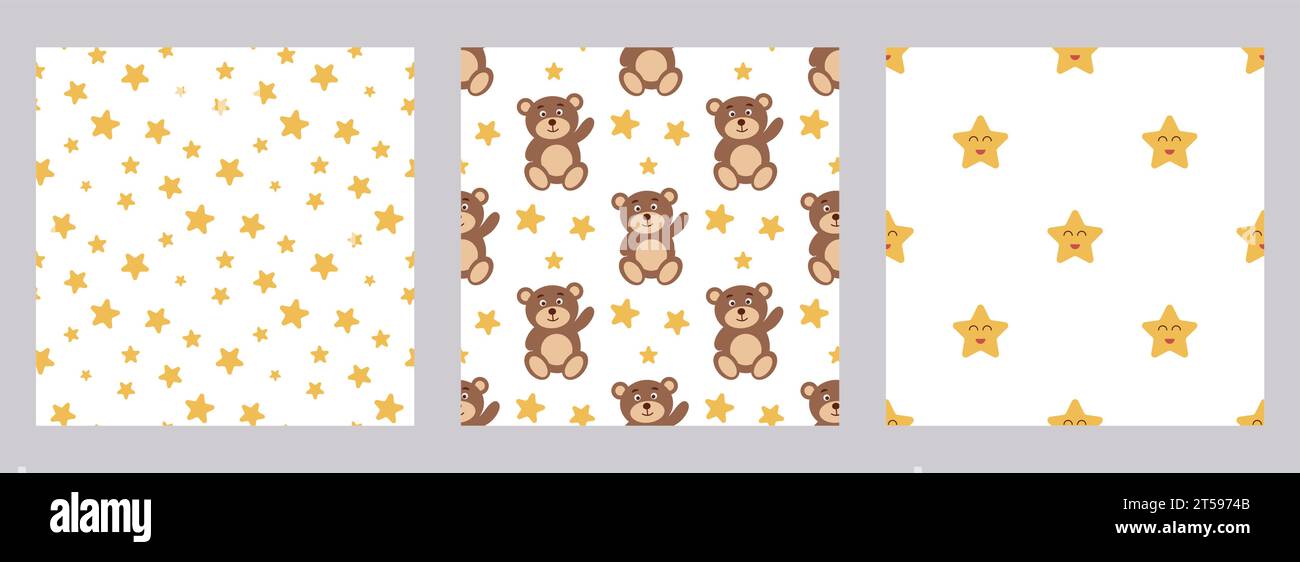 Baby seamless patterns with cute characters. Bear and stars cartoon style backgrounds set. Print for design of clothes, textiles and wallpaper for new Stock Vector