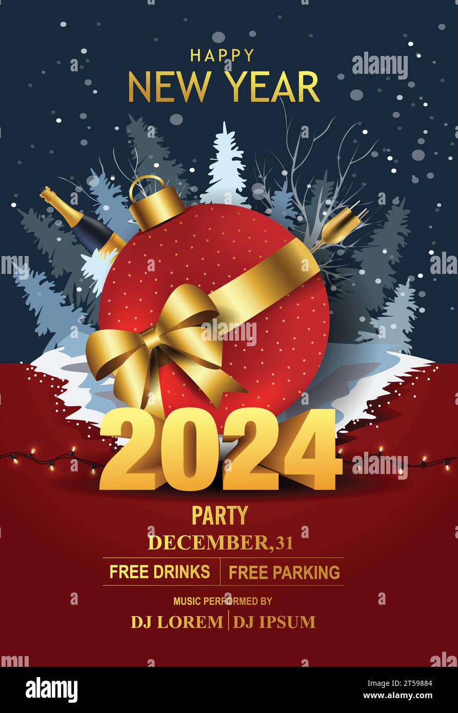nappy new year 2024 background. Christmas red ball wrapping with golden