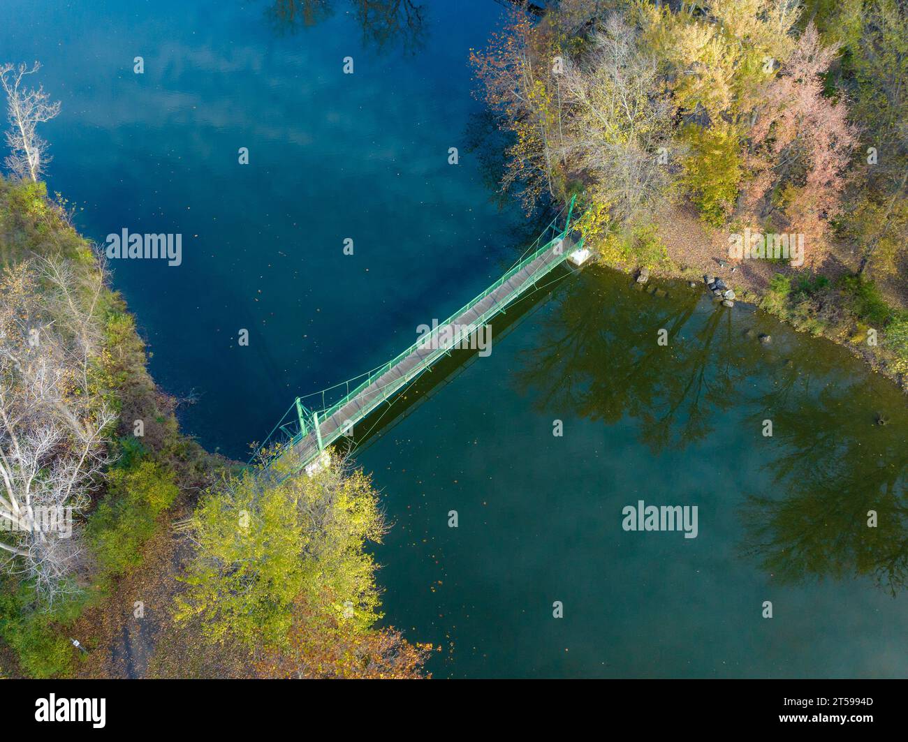 Fall, autumn, drone aerial image with view of Stewart Park at the south end of Cayuga Lake, Ithaca New York. Stock Photo