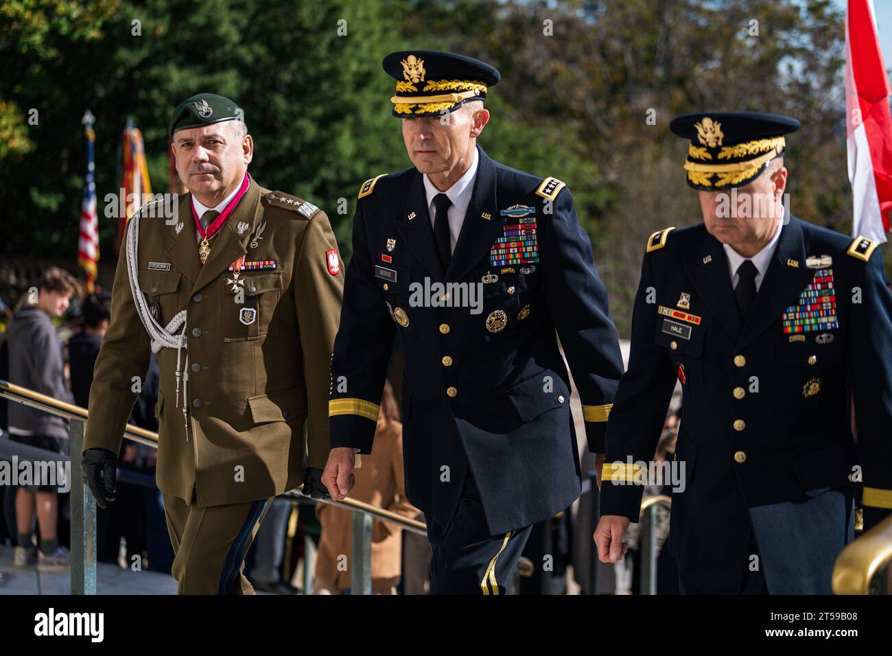 Arlington, United States Of America. 02nd Nov, 2023. Arlington, United States of America. 02 November, 2023. Chief of the General Staff of the Polish Armed Forces, Lt. Gen. Wieslaw Kukula, left, U.S Army Chief of Staff Gen. Randy George, center, and Special Assistant to the Director of the Army Staff, Maj. Gen. Anthony Hale, participate in an armed forces full honors wreath-laying ceremony at the Tomb of the Unknown Soldier at Arlington National Cemetery, November 2, 2023 in Arlington, Virginia, USA. Credit: Henry Villarama/U.S. Army/Alamy Live News Stock Photo