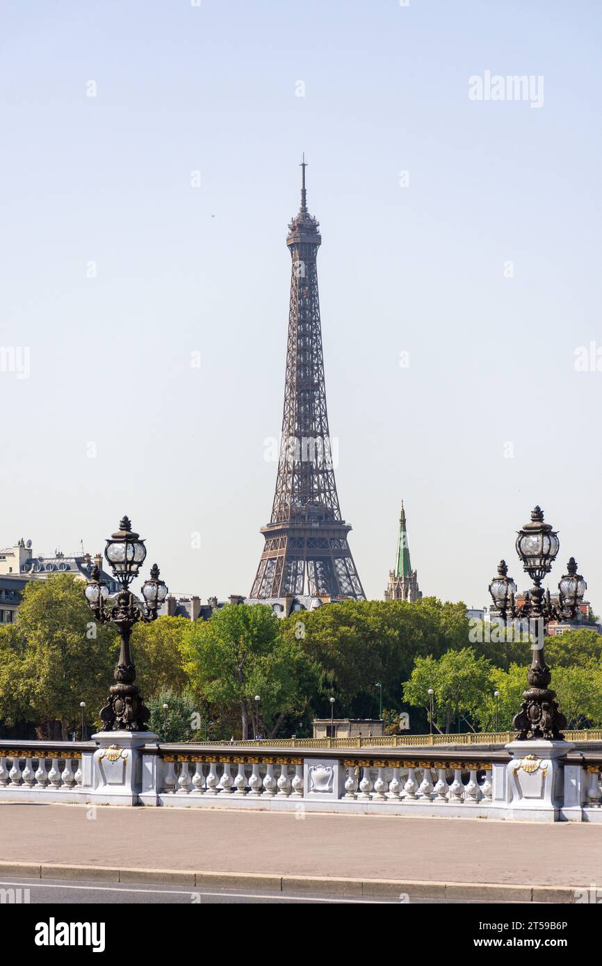 The Eiffel Tower from Pont Alexandre III bridge, 8th arrondissement, Paris, Île-de-France, France Stock Photo