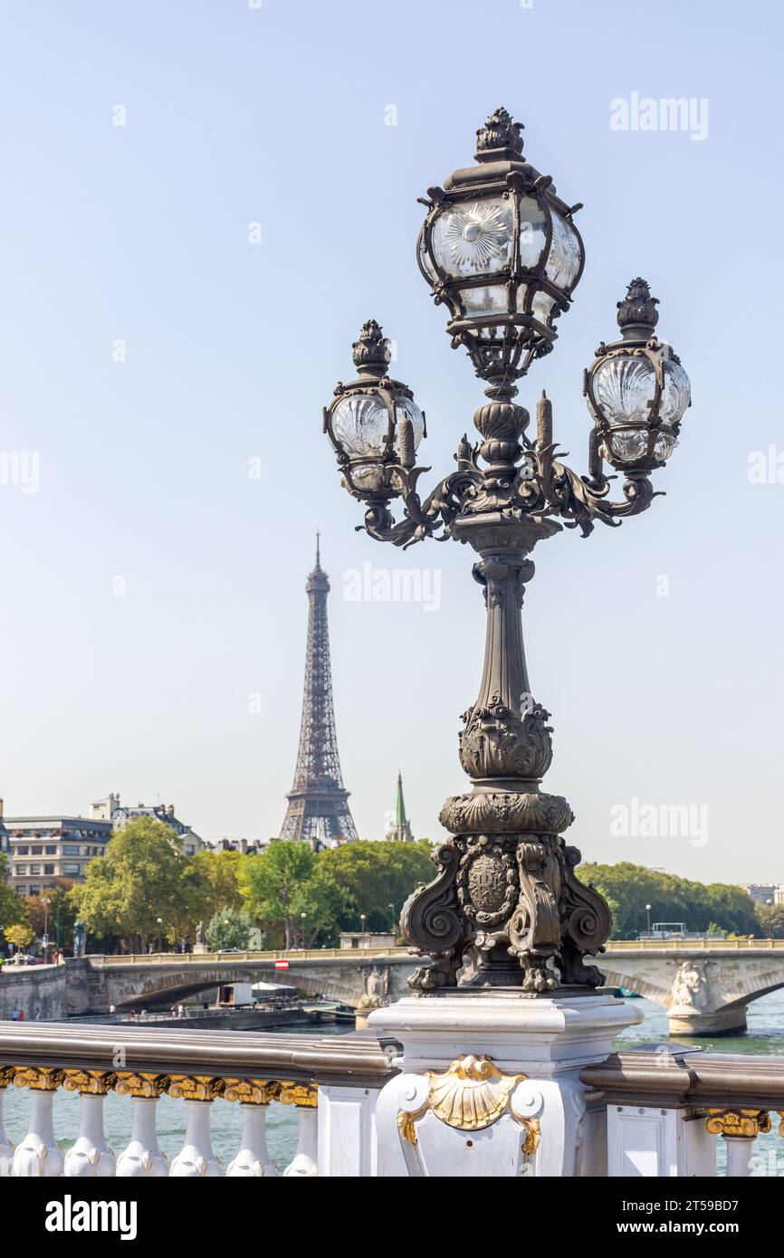 The Eiffel Tower from Pont Alexandre III bridge, 8th arrondissement, Paris, Île-de-France, France Stock Photo