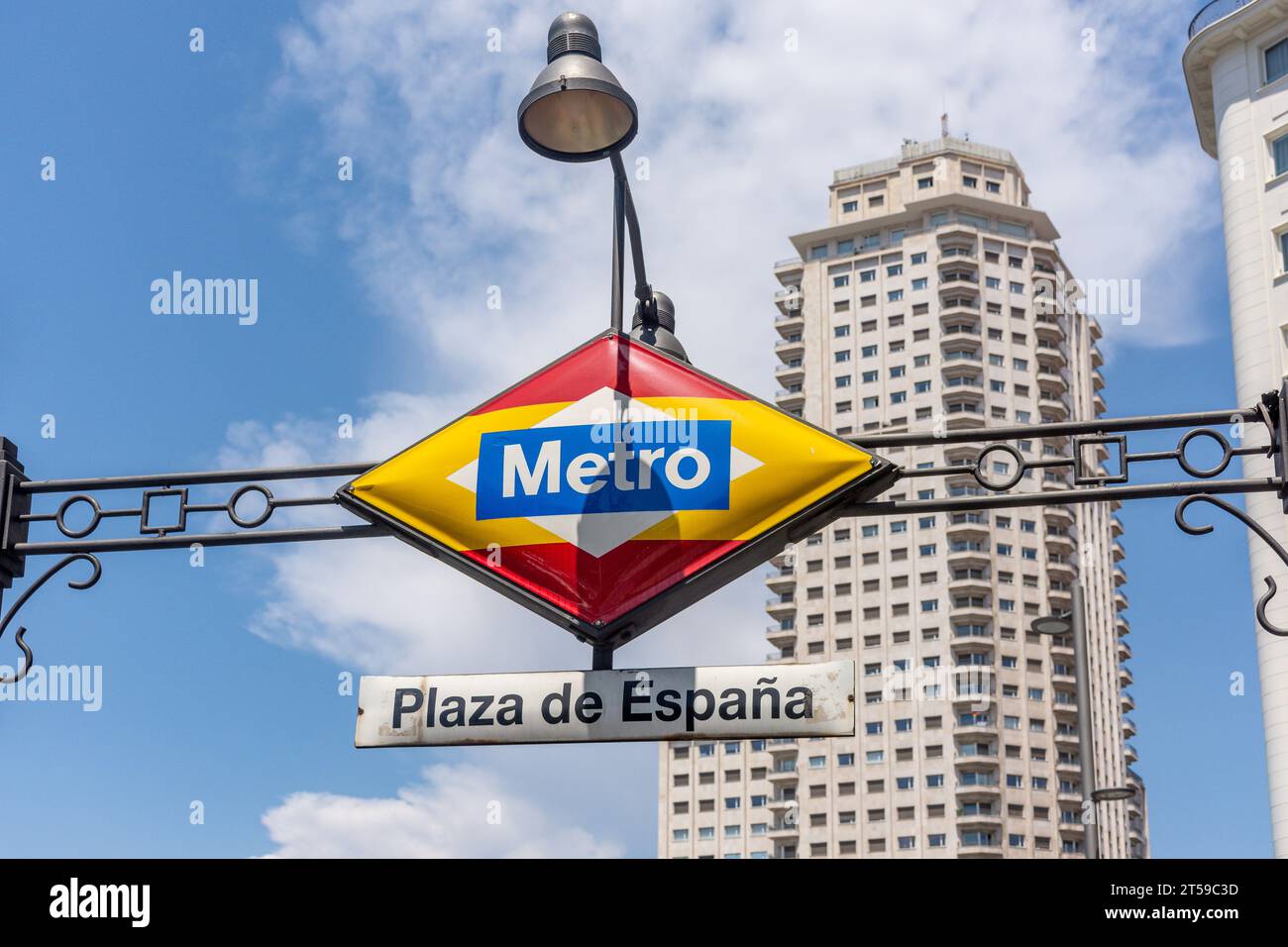 Vintage Metro entrance sign, Plaza de Espana, Centro, Madrid, Kingdom of Spain Stock Photo