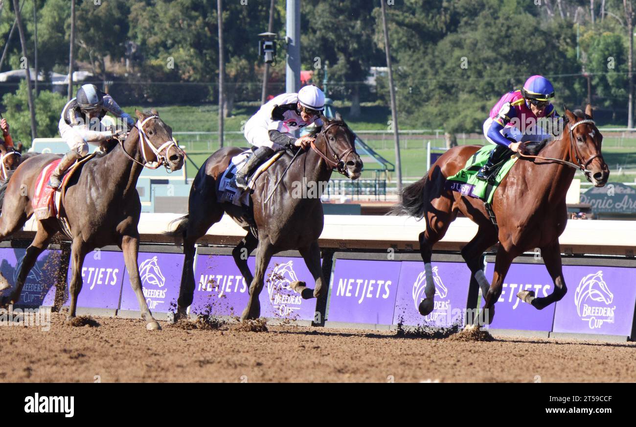 Arcadia, United States. 03rd Nov, 2023. Just FYI, right, ridden by Junior Alvarado, draws away early to win the Breeders' Cup Juvenile Fillies during the 40th running of the Breeders' Cup Championships at Santa Anita Park in Arcadia, California. Friday, Nov.3, 2023. Photo by Mark Abraham/UPI Credit: UPI/Alamy Live News Stock Photo