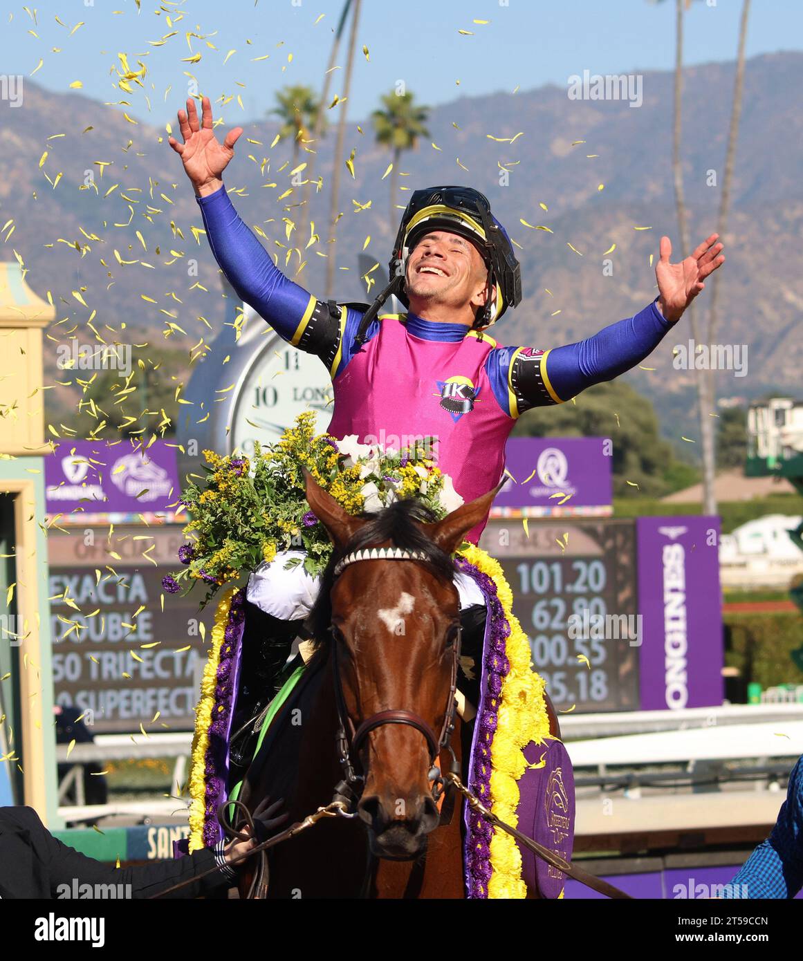 Arcadia, United States. 03rd Nov, 2023. Junior Alvarado, winner of the Breeders' Cup Juvenile Fillies aboard Just FYI, celebrates on his way to the winners circle during the 40th running of the Breeders' Cup Championships at Santa Anita Park in Arcadia, California. Friday, Nov.3, 2023. Photo by Mark Abraham/UPI Credit: UPI/Alamy Live News Stock Photo