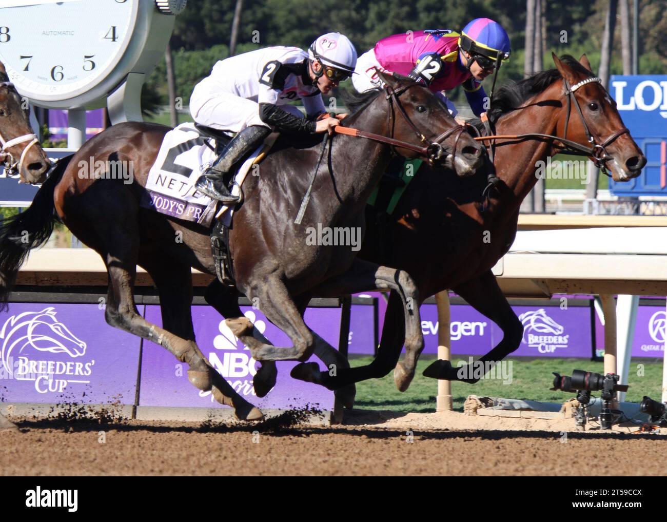 Arcadia, United States. 03rd Nov, 2023. Just FYI, inside, ridden by Junior Alvarado, outlasts Jody's Pride, Flavien Prat up, to win the Breeders' Cup Juvenile Fillies during the 40th running of the Breeders' Cup Championships at Santa Anita Park in Arcadia, California. Friday, Nov.3, 2023. Photo by Mark Abraham/UPI Credit: UPI/Alamy Live News Stock Photo
