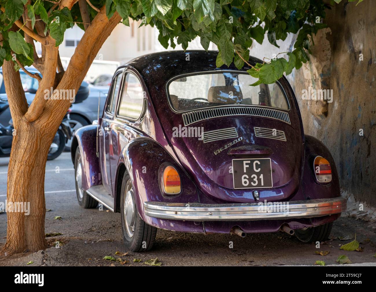 Old Volkswagen Beetle car parked under a tree in Larnaca town centre, Cyprus. Stock Photo