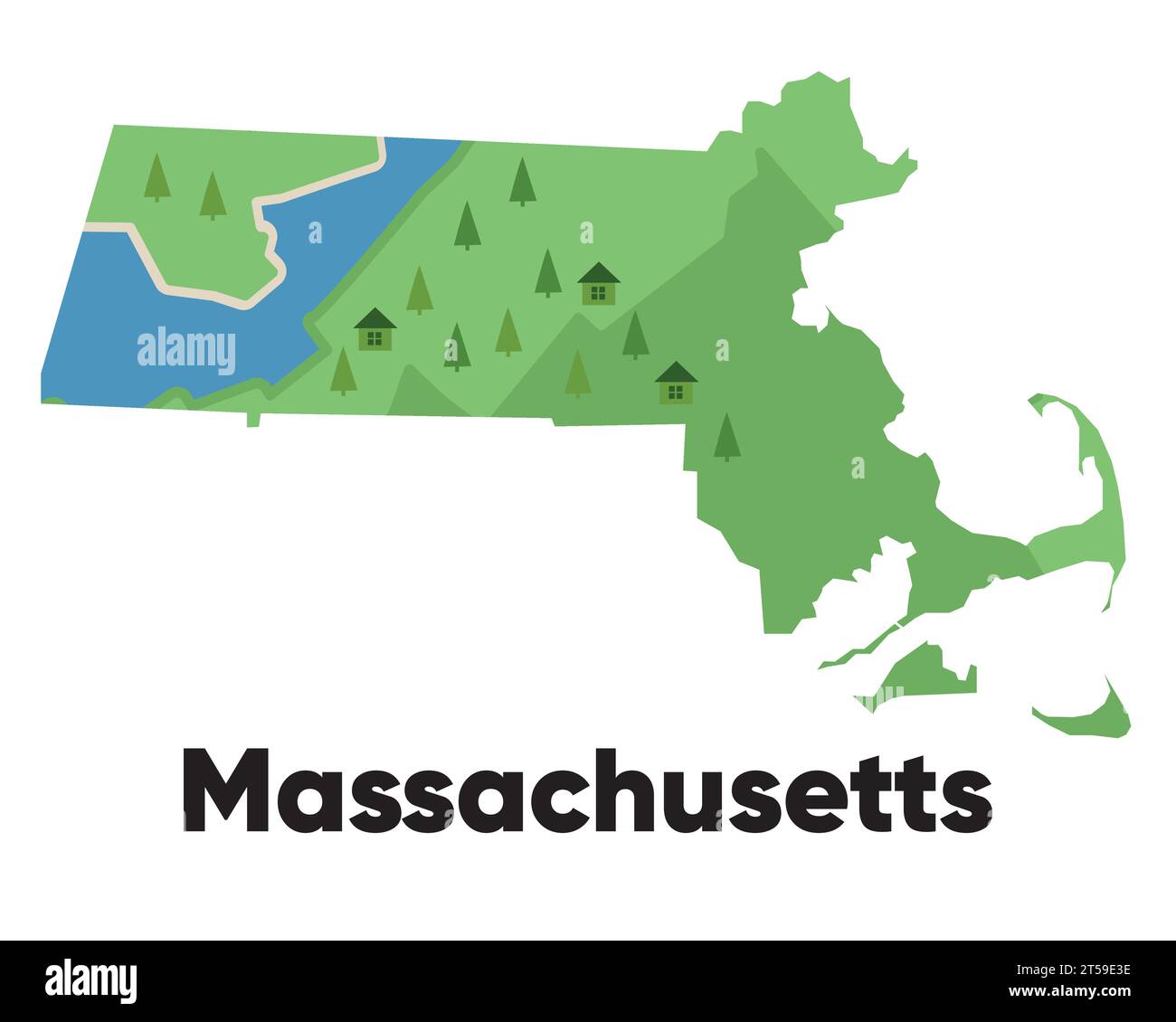 Massachusetts Map Shape United States America Green Forest Hand Drawn Massachusetts Map Shape United States America Green Forest Hand Drawn Cartoon Style With Trees Travel Terrain 2T59E3E