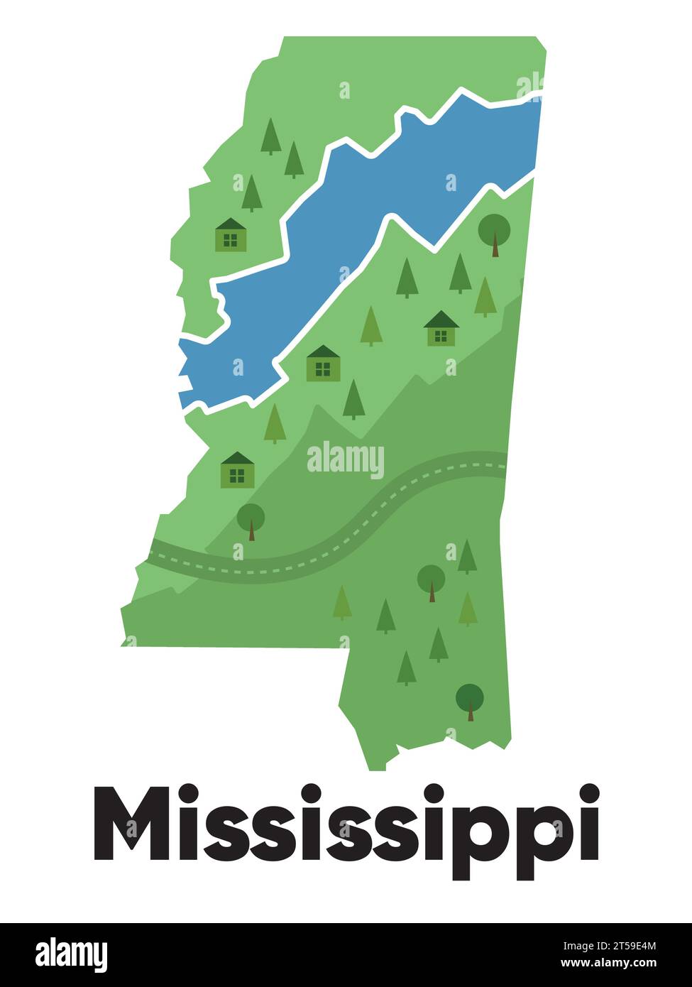 Mississippi map shape United states America green forest hand drawn cartoon style with trees travel terrain Stock Vector