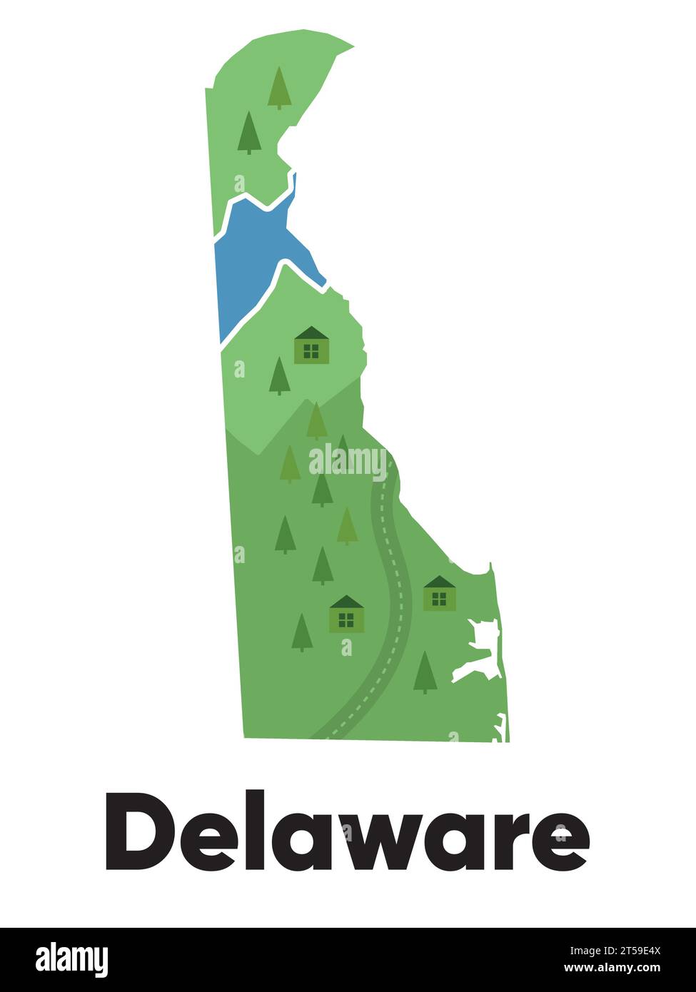 Delaware map shape United states America green forest hand drawn cartoon style with trees travel terrain Stock Vector