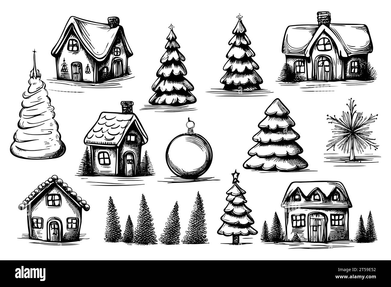 Set hand drawn Christmas greetings. Vector sketch Christmas card with winter tree, house and holiday paraphernalia Stock Vector