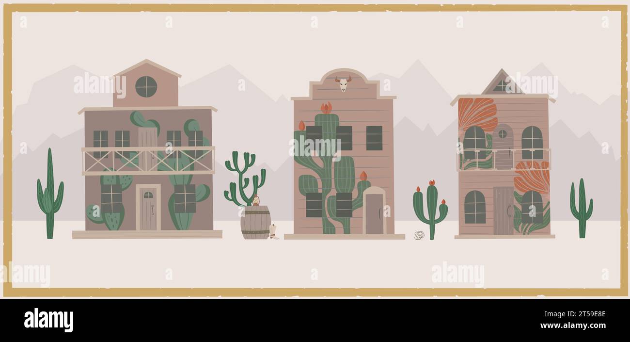 Cute cacti graffiti on wild west houses. Western street with wood buildings. Stock Vector