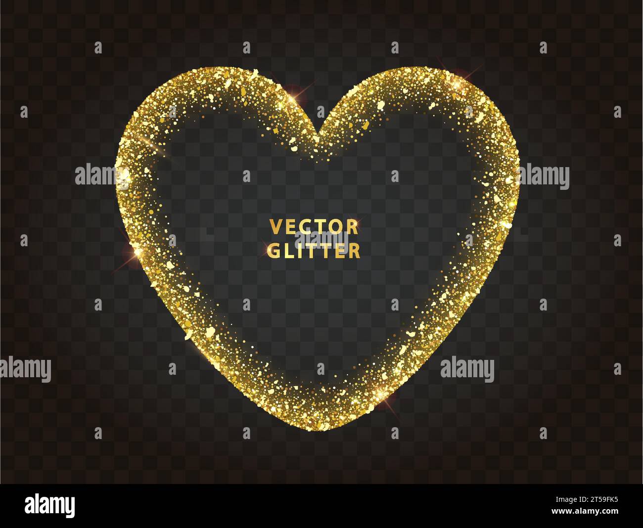 Golden glitter heart frame with sparkles . Abstract luminous glowing