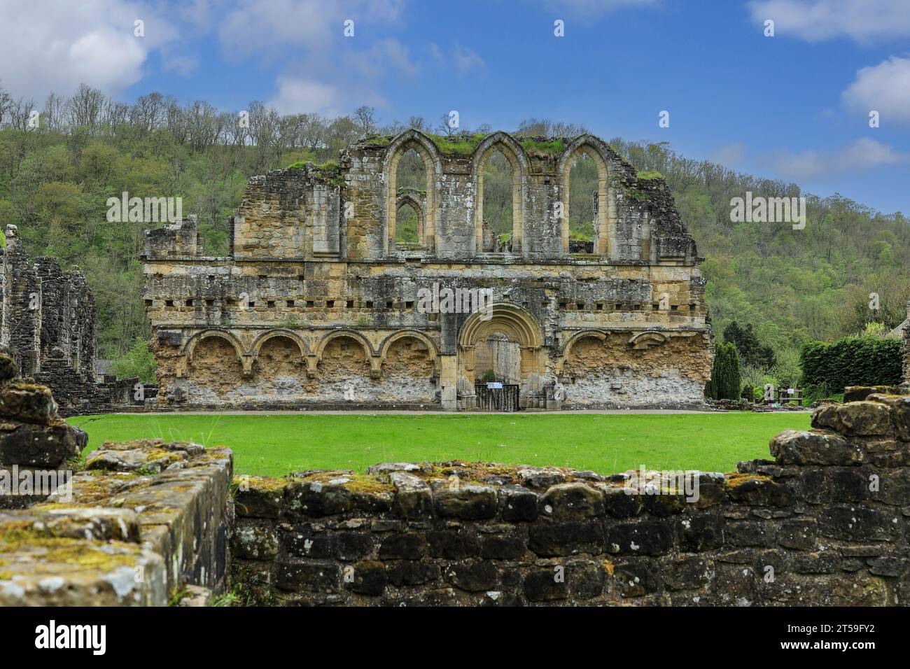 The remains of the Refectory at the Rievaulx Abbey ruins, Rievaulx, near Helmsley, in the North York Moors National Park, North Yorkshire, England, UK Stock Photo
