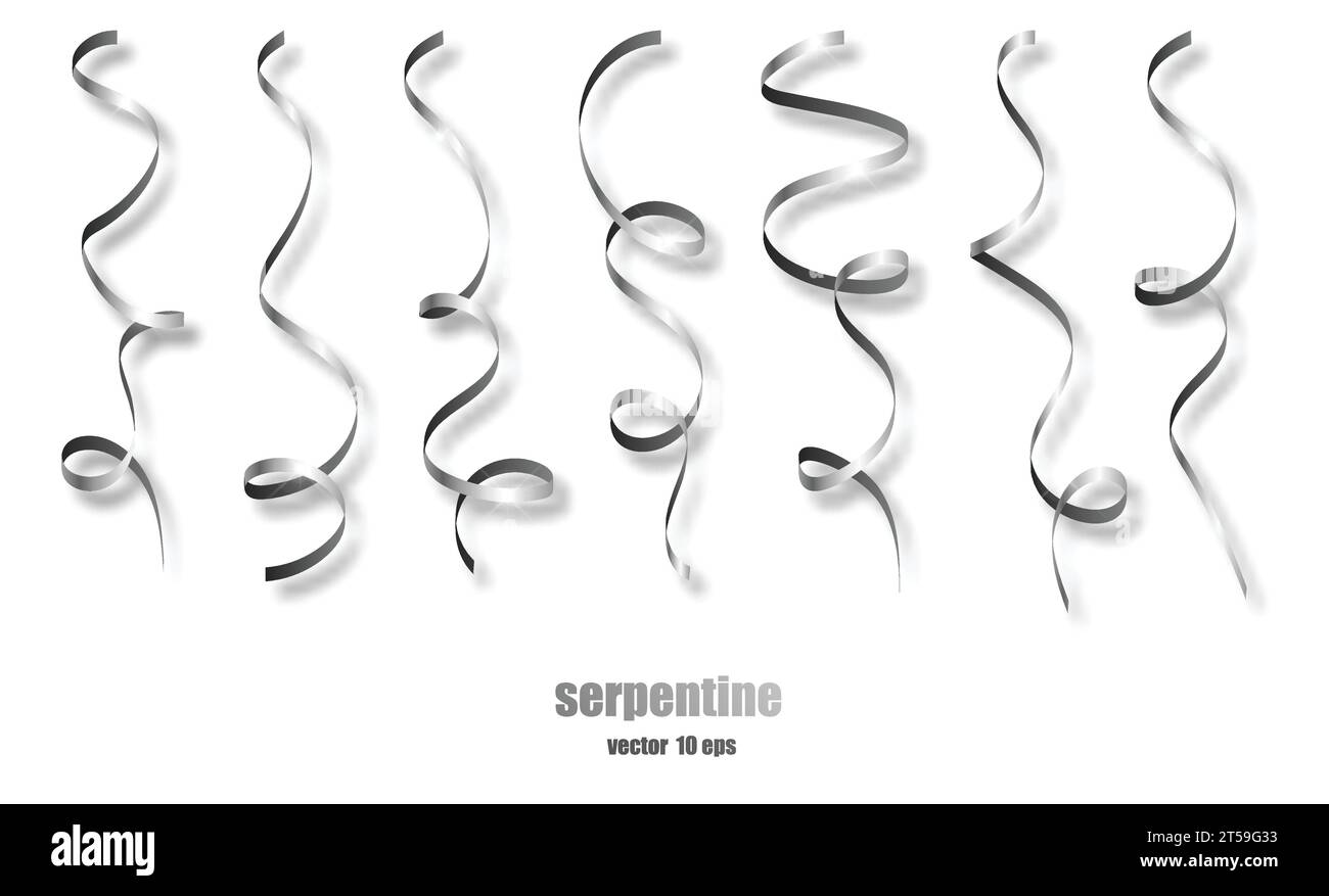 Silver curly ribbon serpentine confetti. Silver streamers set on