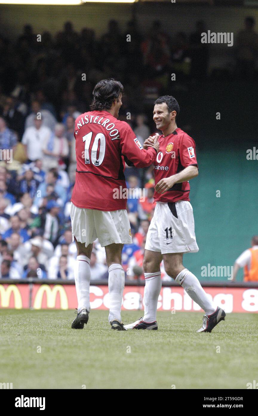 RUUD VAN NISTELROOY, FA CUP FINAL, 2004: Van Nistelrooy and Ryan Giggs celebrate his second goal and United's third. FA Cup Final 2004, Manchester United v Millwall, May 22 2004. Man Utd won the final 3-0. Photograph: ROB WATKINS Stock Photo