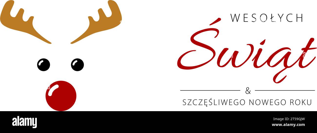 Merry Christmas and Happy New Year lettering in Polish with reindeer. Christmas banner concept