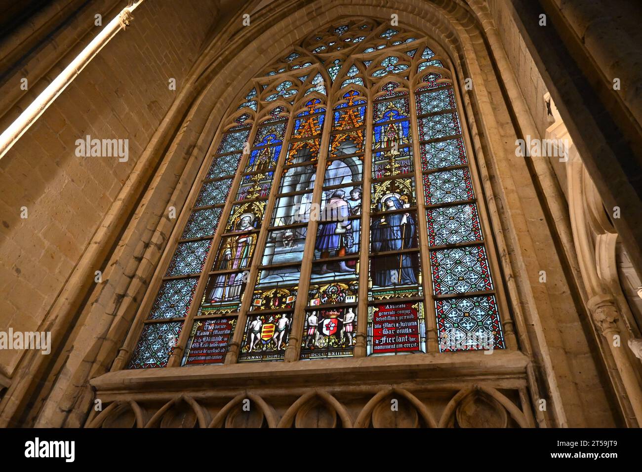Large stained glass windows inside the Cathedral of St. Michael and St. Gudula (Cathédrale des