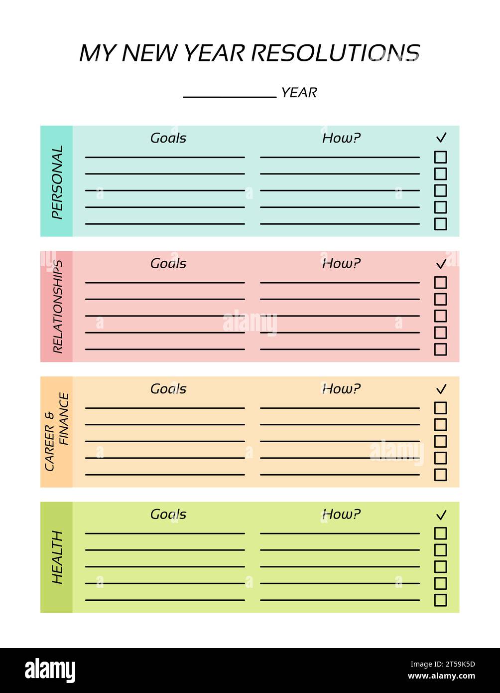 New Year resolutions template Goals list worksheet Vector blank page New Year resolutions template Goals list worksheet Vector blank page